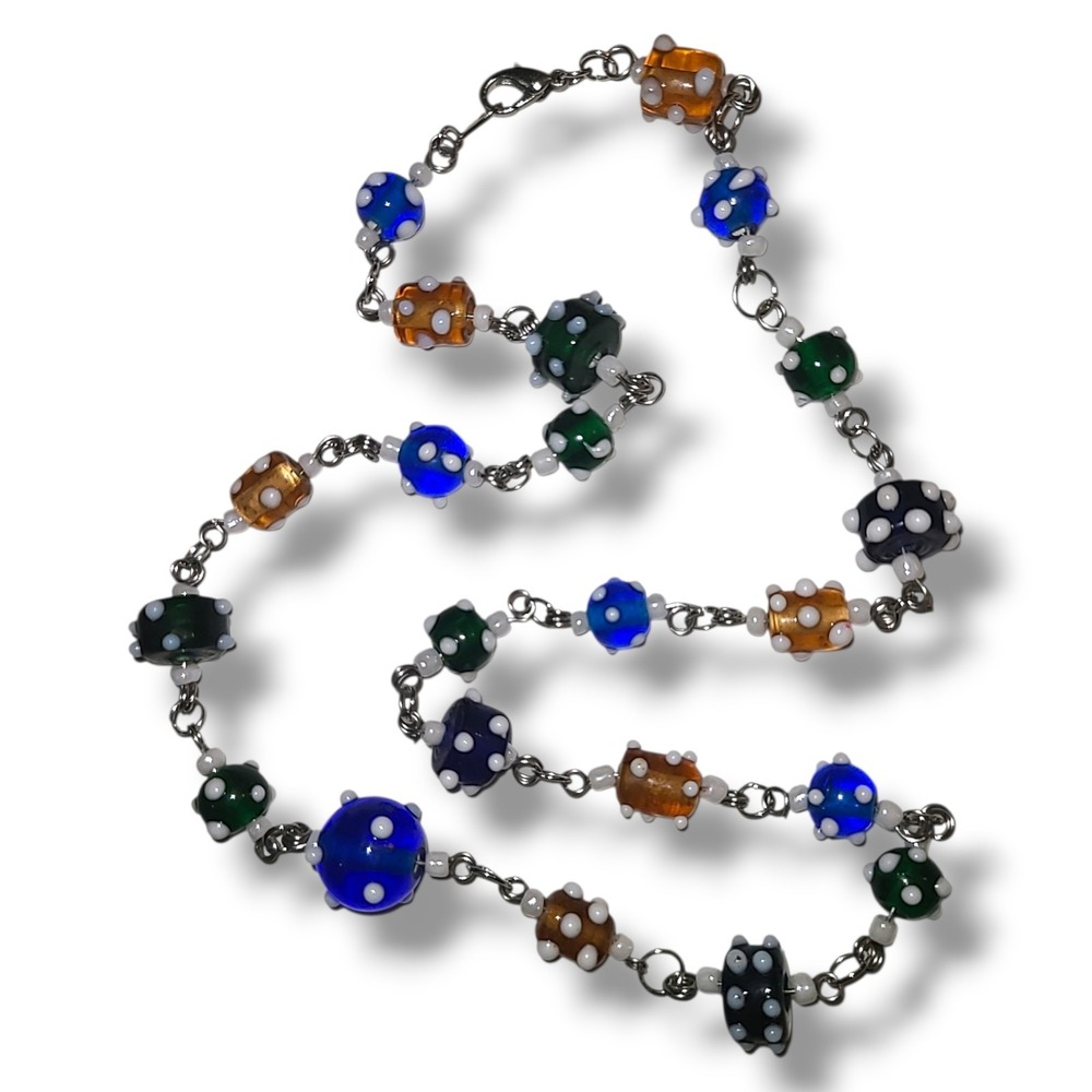 Vintage Bumpy Lampwork Glass Bead Necklace 22" Blue Green Polka Dot Art Glass